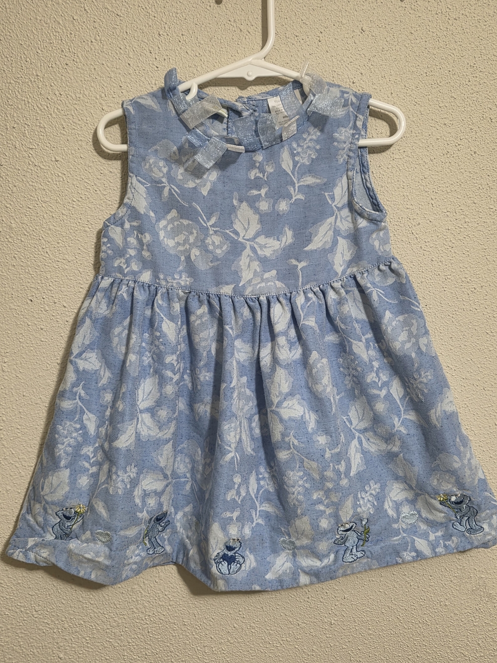 Vintage Sesame Street Grover Blue Floral Dress Toddler 4T Organza Trim Embroider